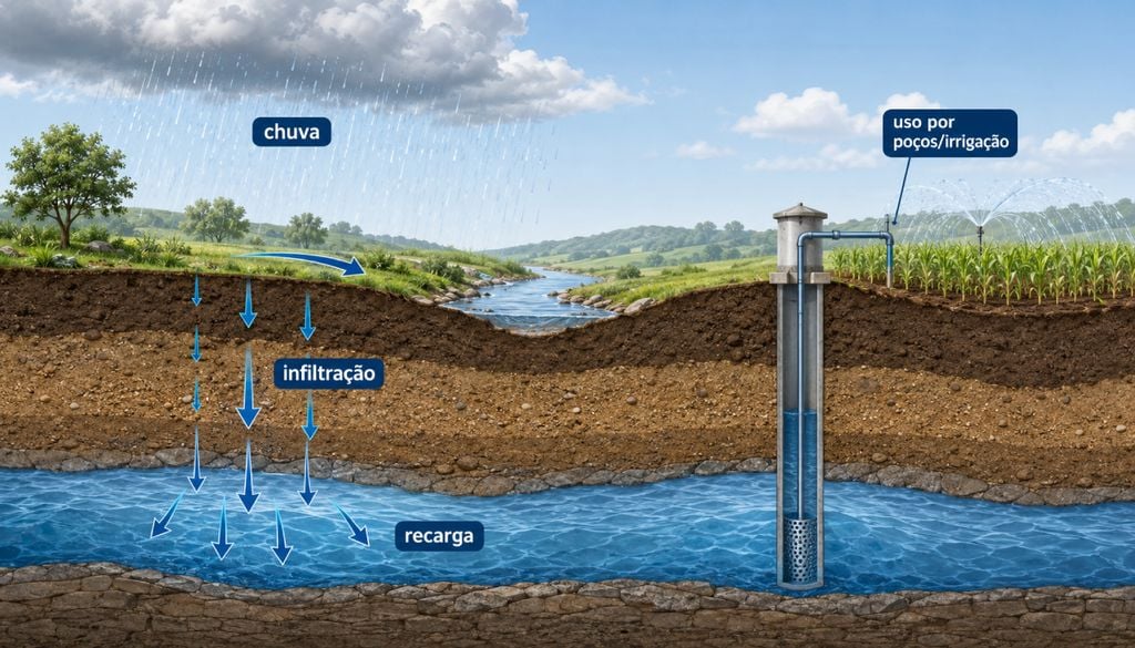 A recarga média dos aquíferos brasileiros foi estimada em 223 mm por ano, cerca de 12% da chuva média nas áreas analisadas.